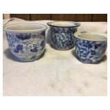 3 Porcelain blue floral flower pots - largest