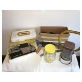 Vtg. Meto number labeling gun,misc. knives,glass