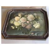 Vtg framed floral lithograph, octagonal wood