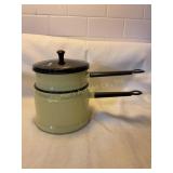 Enamel double boiler, 6.5" tall shows lite wear