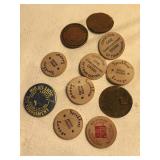 Vintage wooden tokens, 1984 pin back button, etc