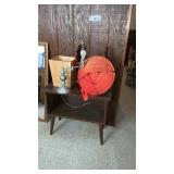 TABLE, LAMP, SHADE, SHELF, WOODEN TRASHCAN