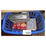 PLASTIC BASKET, SCRABBLE GAME, BIBLE, SONY CD