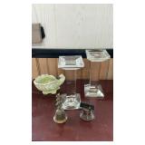 GLASS CANDLE HOLDERS, BRASS BELLS, ART DECO