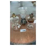 2 OIL LAMPS, 1 ELECTRIC LAMP