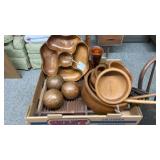 WOODEN BOWLS, BALLS, VASE