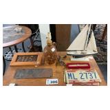 VINTAGE LICENSE PLATES, SHIP, LAMP, WATCH