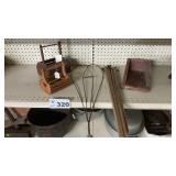 WOOD BASKETS, SCOOP, RUG BEATER, LAUNDRY RACK