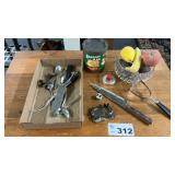 PLASTIC FRUIT, TIN, UTENSILS