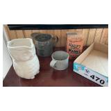 TIN CUP, PITCHER, OWL PITCHER, TIN