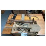 SHOVEL, TONGS, CHANNEL LOCKS, LATHE STAND, MISC