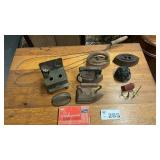 RUG BEATER, IRONS, HOOK, TIN STOVE