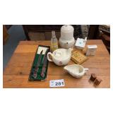 CUTLERY SET, TEAPOTS, SODA BOTTLE, MISC