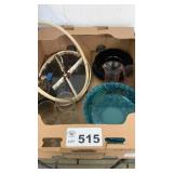 MCM TRAY, BLUE BOWL, GLASSES, RUBY RED PLATES,
