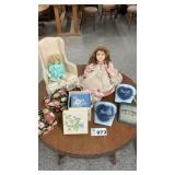 PORCELAIN DOLLS, CHAIR, TINS, STACKABLE BOXES