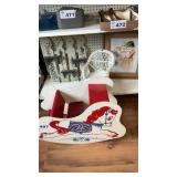 VINTAGE ROCKING HORSE, WICKER CHAIRE, SHELF,