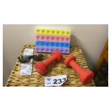 PILL ORGANIZER, 3 LB. DUMBBELLS