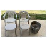 2 PLASTIC CHAIRS AND TABLES, WOOD PLANTER
