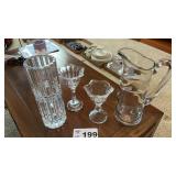 MCM CRYSTAL CYLINDER VASE, GLASS PITCHER, CANDLE