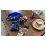 BOOK FLASK, TEACUP, ART GLASS VASE, COASTERS,