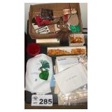 GLASSES, PERFUME BOTTLE, CLEANING CLOTHS, BEADS,