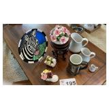 PORCELAIN PITCHERS, MUG, FLORAL, ZEBRA PLATE