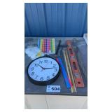 TOOLS, LEVEL, RULERS, TUBING PULLER, CLOCK, KEY