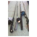 4 VARIOUS RODS AND REELS, USED CONDITION
