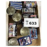 box of baseball cards and tins