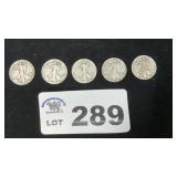 5 WALKING LIBERTY HALFS