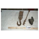 DOUBLE PULLEY, AUGER, SAD IRON