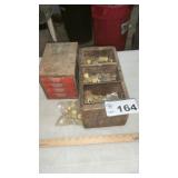 WOOD BOX FULL OF BRASS FITTINGS, ORGANIZER