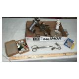 MEAT GRINDER PIECES, BUTTONS, PENCIL SHARPENER,
