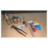 OIL CANS, FENCE PLIERS, BATTERY POST CLEANER, O
