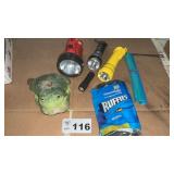 CONCRETE FROG LAWN SPRINKLER, FLASHLIGHTS, TRASH