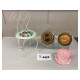 2 GLASS TILTED CANISTERS, METAL CHAIR