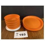 TUPPERWARE ORANGE BOWLS W/LIDS AND PLATES