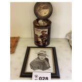 JOHN WAYNE PICTURE AND TIN WITH THROW