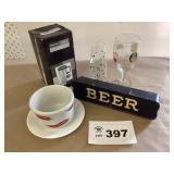 THERMO CUP, GLASSES, DIP BOWL, SAUCER, BEER SIGN