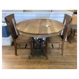 CAST IRON SEWING MACHINE TREADLE TABLE, OAK TOP,
