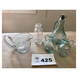 CRUET SET, MILK BOTTLES, SMALL GLASS POURING CUP