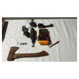 VOLT METER, HATCHET, GRINDER, ADAPTERS
