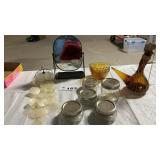 SHELL WIND CHIME, MIRROR, BALL JARS, AMBER BOWLS