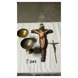 RELIGIOUS HANGING ITEM, CRUCIFIX, BRASS GOBLETS