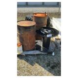2 STEEL DRUMS, PLASTIC SPOOL, OUTDOOR LIGHT
