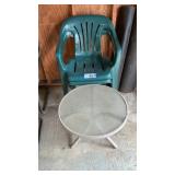 2 PLASTIC LAWN CHAIRS, TABLE