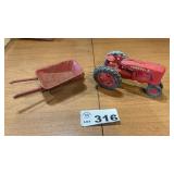 PLASTIC FARMALL TRACTOR, TIN WHEELBARROW