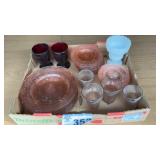 PINK DEPRESSION, RUBY RED GLASSES, MILK GLASS VASE