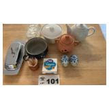 BUTTER DISHES, CREAMER, PIG SALT PEPPER SHAKERS,