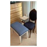 SMALL SQUARE TABLE,  BENCH, BLUE PARLOR CHAIR